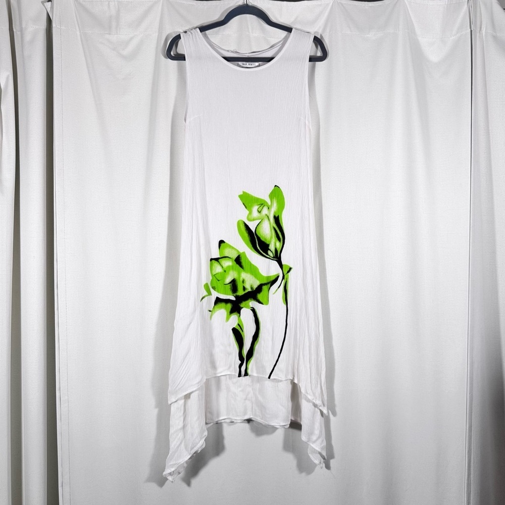 White Gauze Handkerchief Hem Sleeveless Dress with Green Floral Print